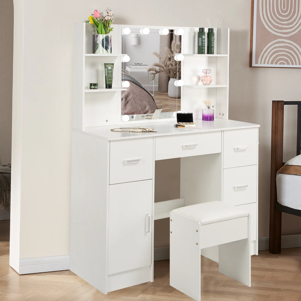 White Makeup Vanity Set with Mirror and Lights W201