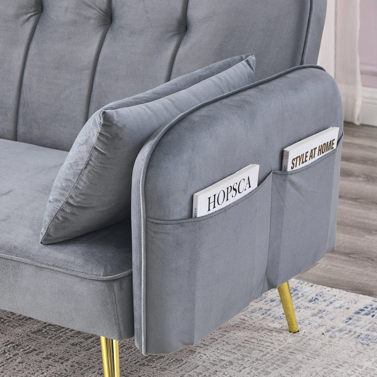Grey Convertible Velvet Sofa Bed I907885