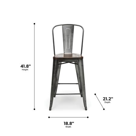 Industrial Modern 4 Pack 26x22 High Back Metal Bar Stools with Solid Ash Wood Seats H1420