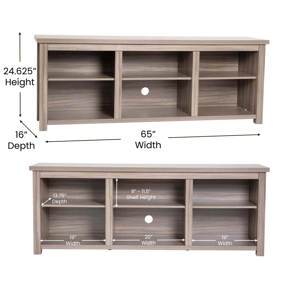 Gray Wash Oak Finish 65" Media Console with 6 Open Storage Shelves W7107