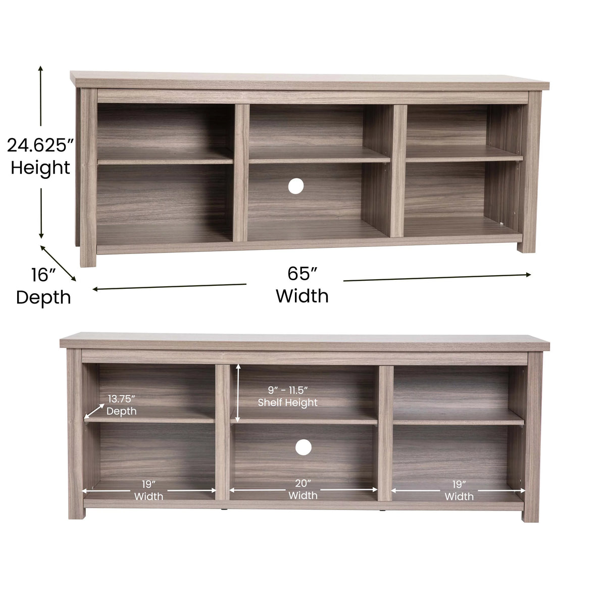 Gray Wash Oak Finish 65" Media Console with 6 Open Storage Shelves W7107