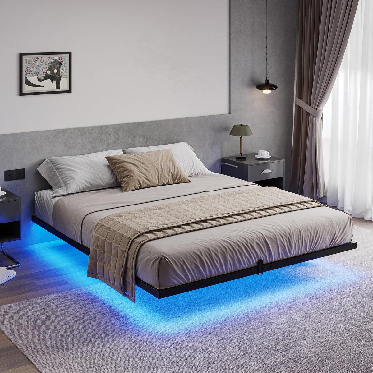 Queen Size Black Metal Platform Bed Frame with LED Lights Z526829