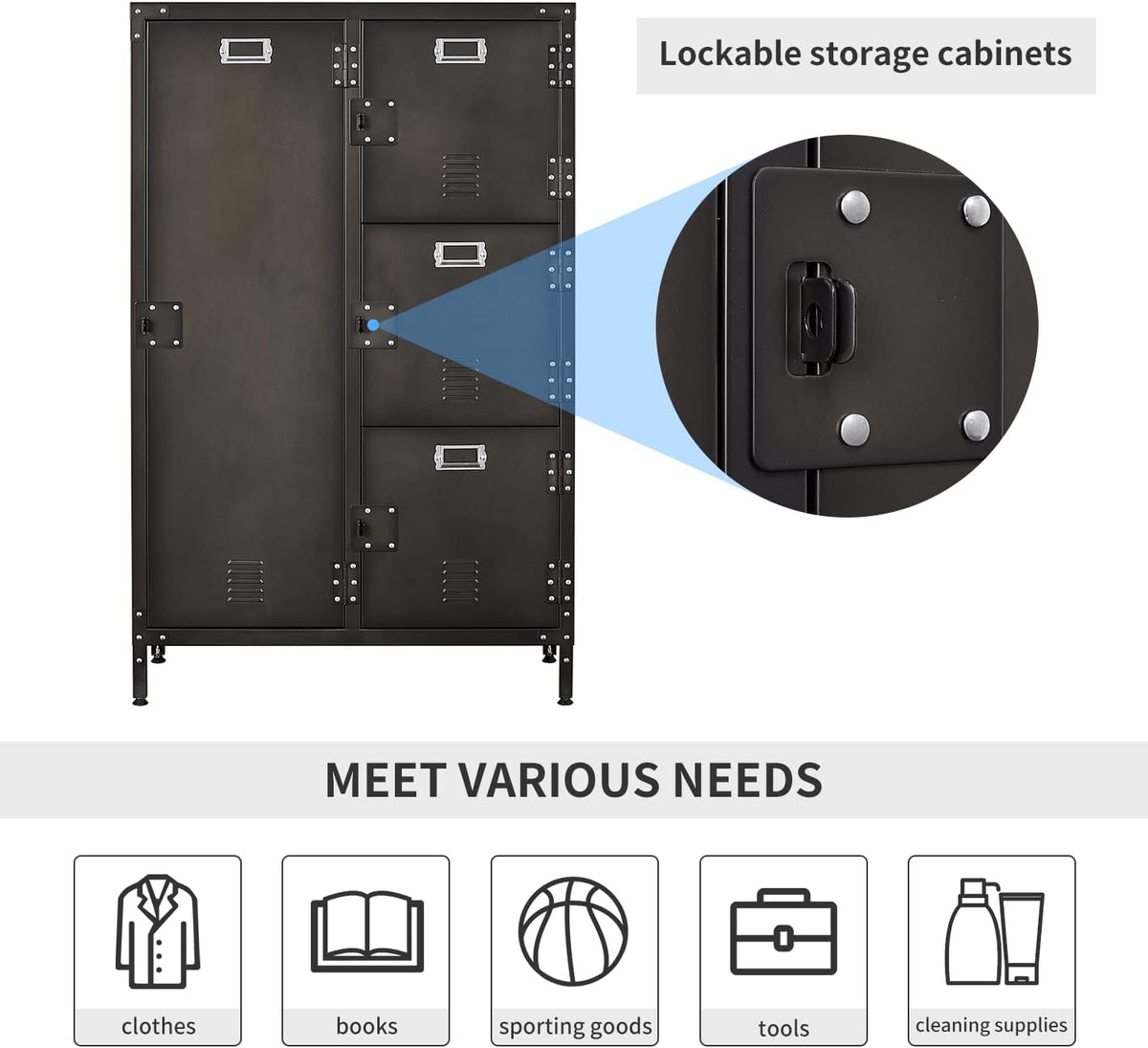 Metal Locker Storage Cabinet, 47.3” Steel Storage Cabinet with Shelves and 6 Lockable Doors G1158