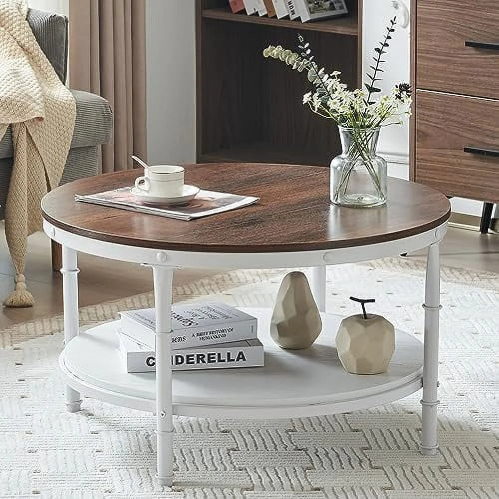 31.5" Rustic Oak White Round 2-Tier Wood Coffee Table Y612