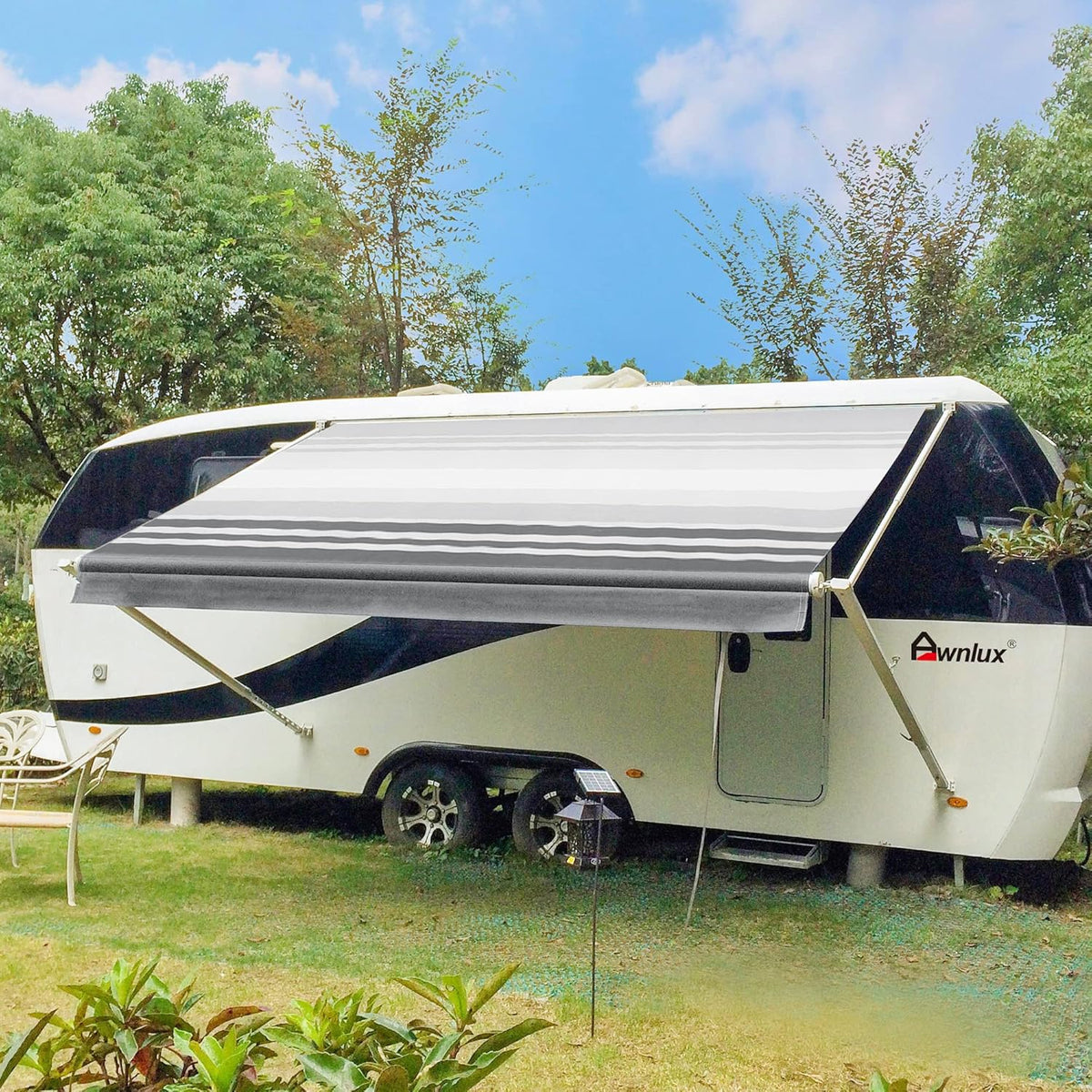 White Manual Modular Retractable RV Awning Full Set Assemblies, 15x8 Ft, Blue Strip E574536