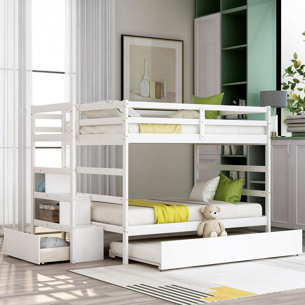 White Twin Over Twin/Full Bunk Bed with Storage Drawers D161