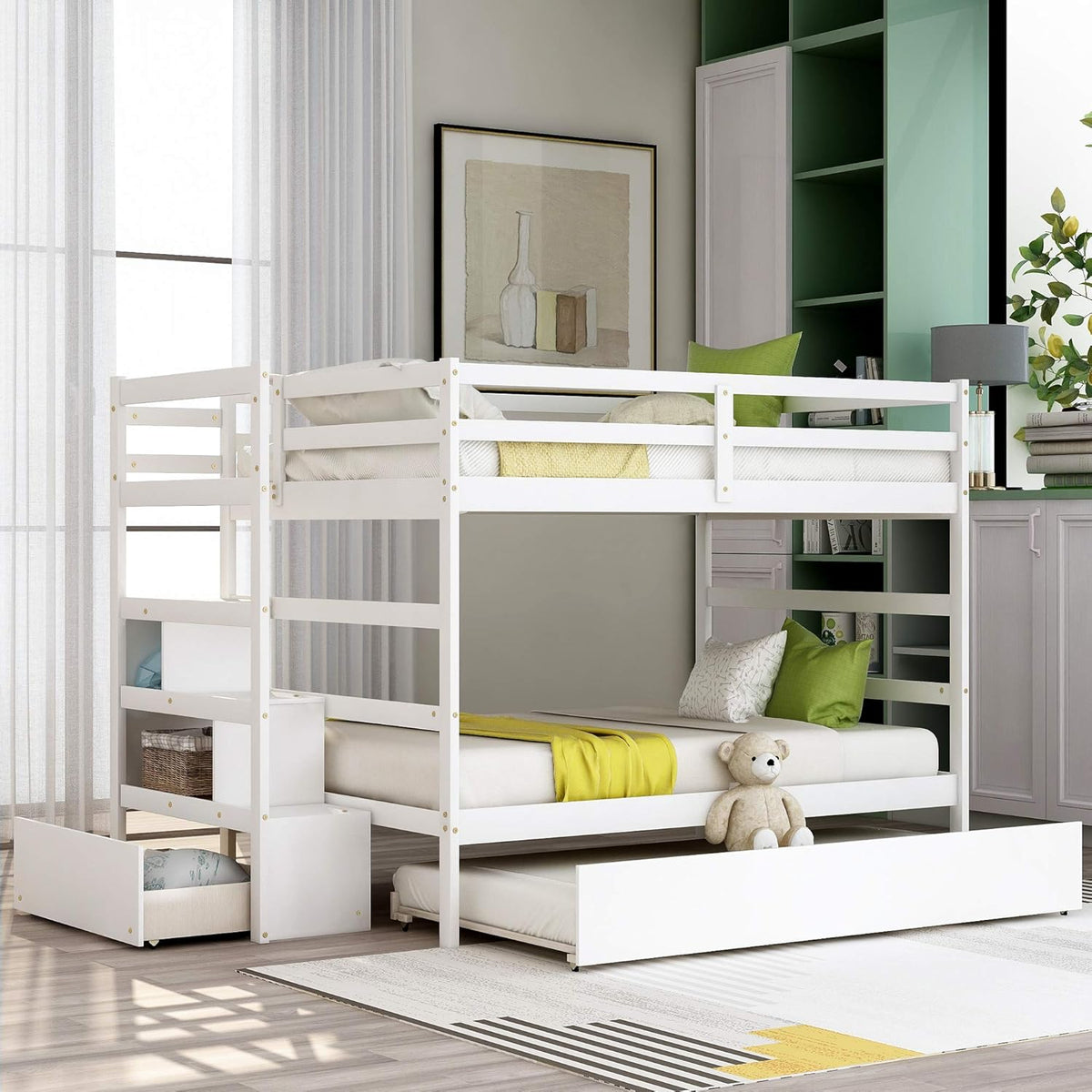 White Twin Over Twin/Full Bunk Bed with Storage Drawers D161