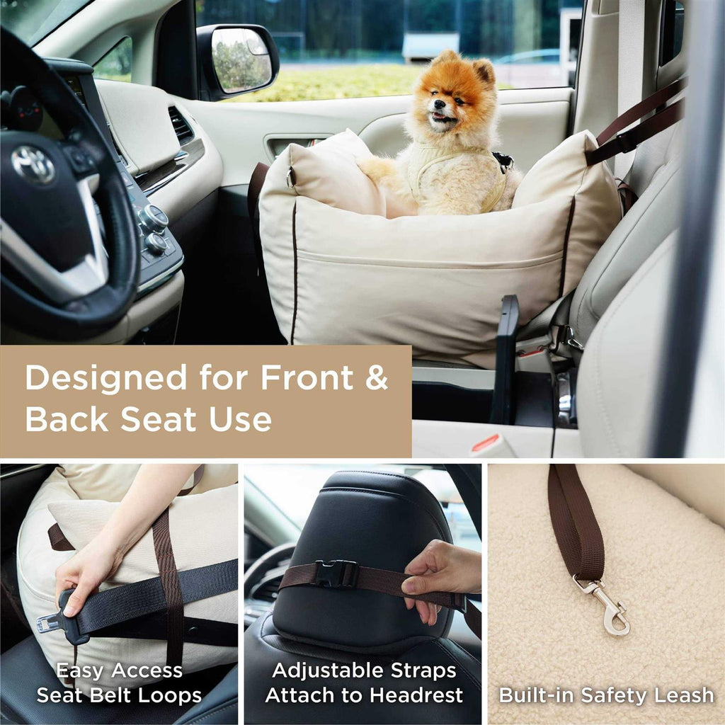 Small Dog Car Seat with Storage Pockets and Safety Leash O185