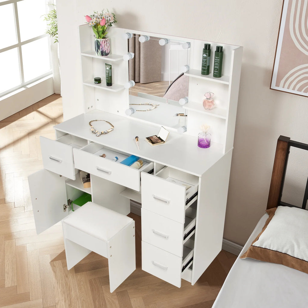 White Makeup Vanity Set with Mirror and Lights W201