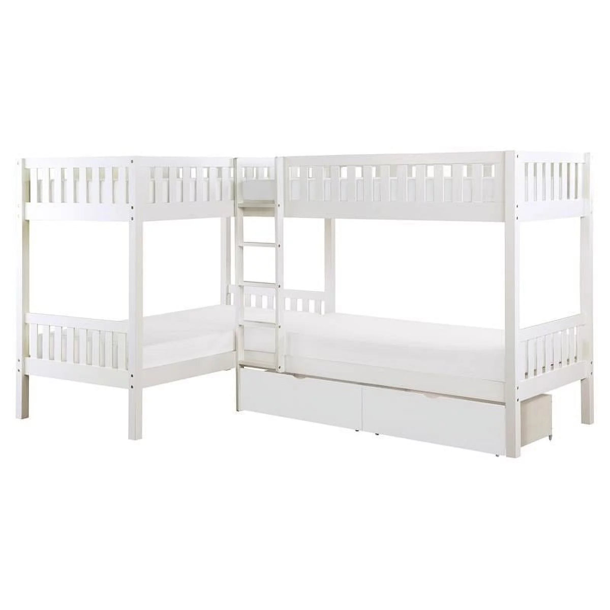 White Wood Corner Bunk Bed with Storage Boxes U9211