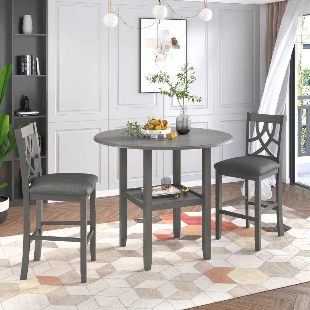 3 Piece Round Counter Height Dining Table Set with Drop Leaf and 2 Chairs G153