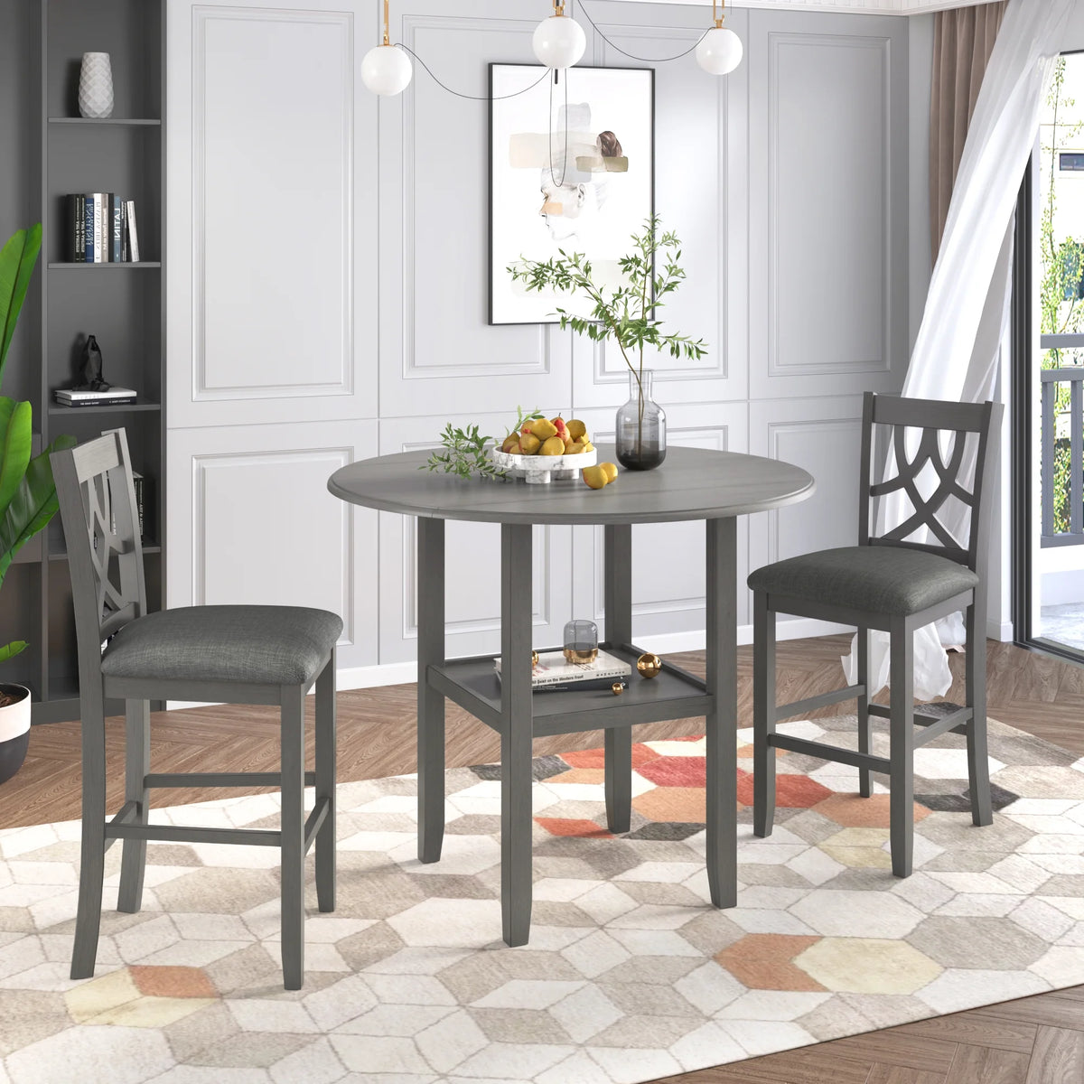 3 Piece Round Counter Height Dining Table Set with Drop Leaf and 2 Chairs G153