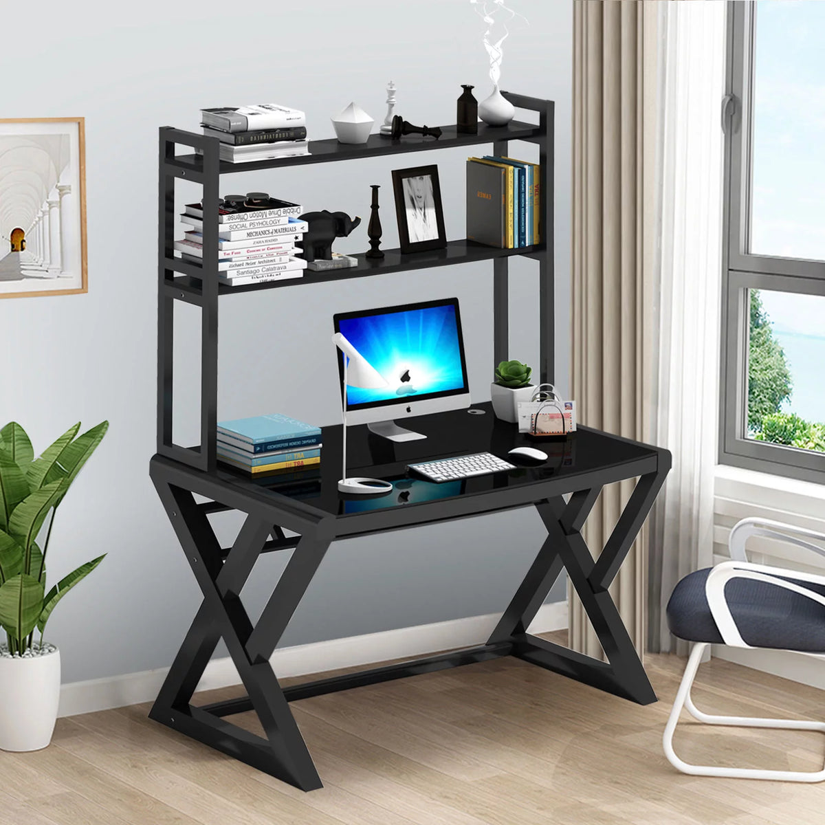 Tempered Glass Computer Desk with Hutch and Shelves H588