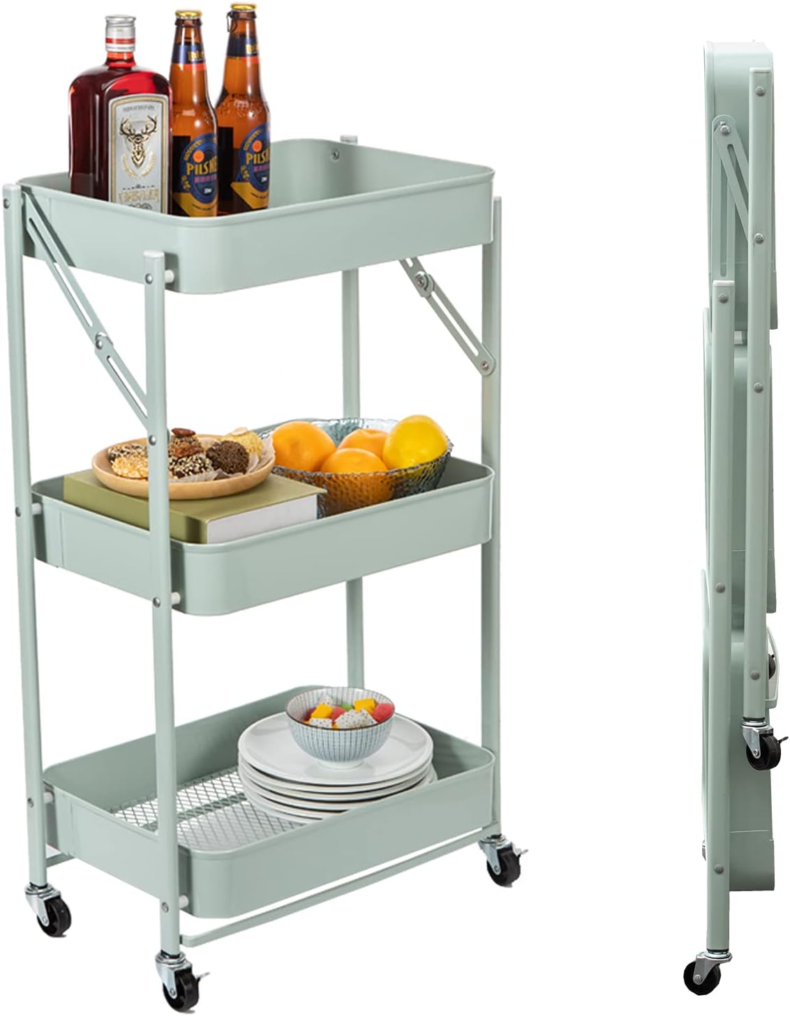 3 Tier Foldable Metal Rolling Cart with Wheels (Pink) S84755