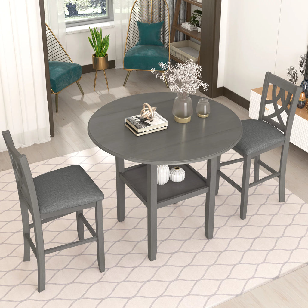 3 Piece Round Counter Height Dining Table Set with Drop Leaf and 2 Chairs G153