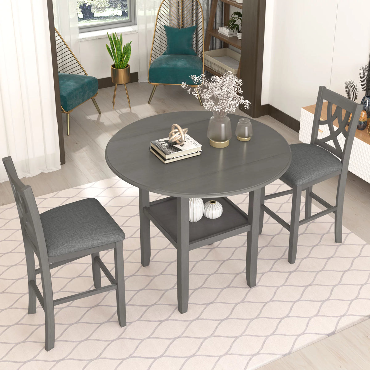 3 Piece Round Counter Height Dining Table Set with Drop Leaf and 2 Chairs G153