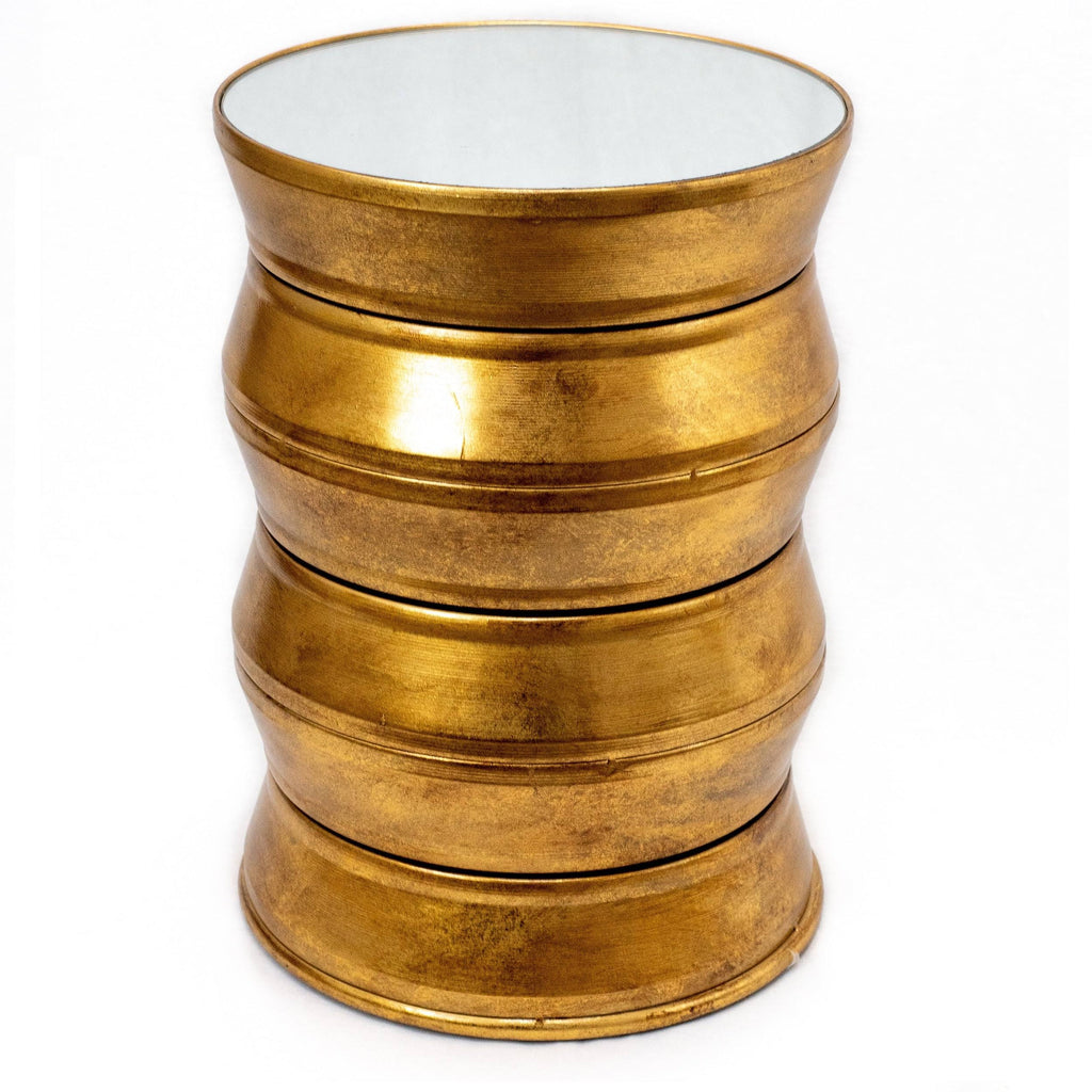 Antique Gold Iron Drum End Table with Glass Top U61421