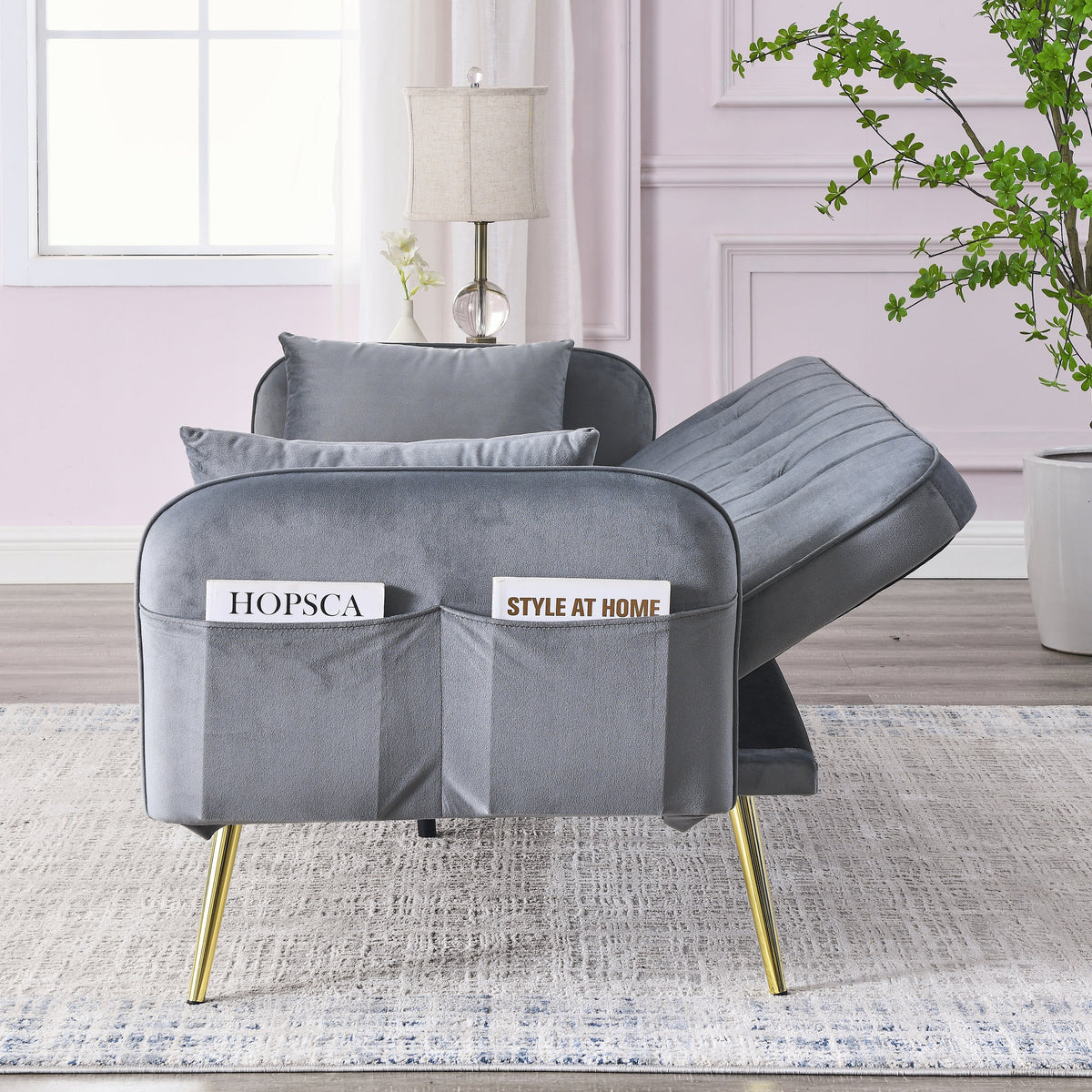 Grey Convertible Velvet Sofa Bed I907885