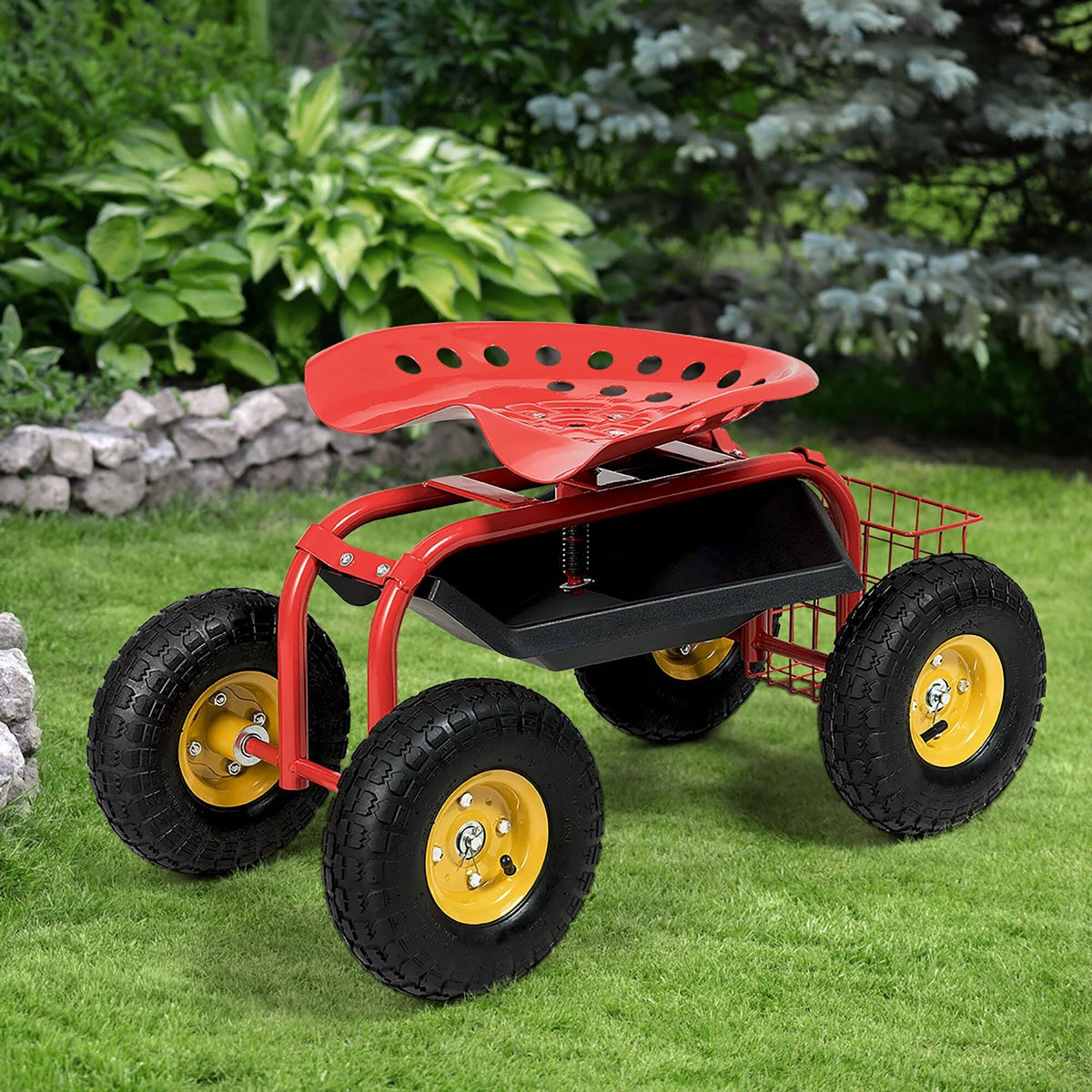 Green Garden Cart with Rolling Seat and Tool Tray P315298