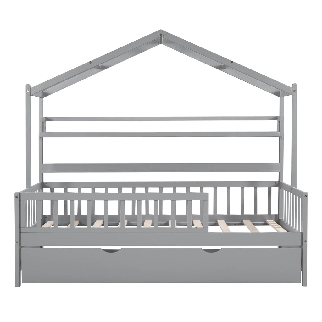 Wood Twin Size House Bed with Bookcase and Trundle Z89717