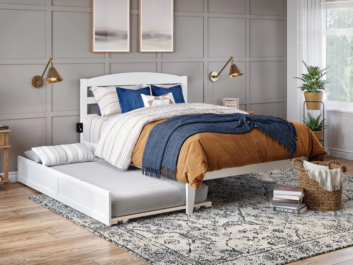 White Full Wood Platform Bed Frame with Twin Trundle H7700