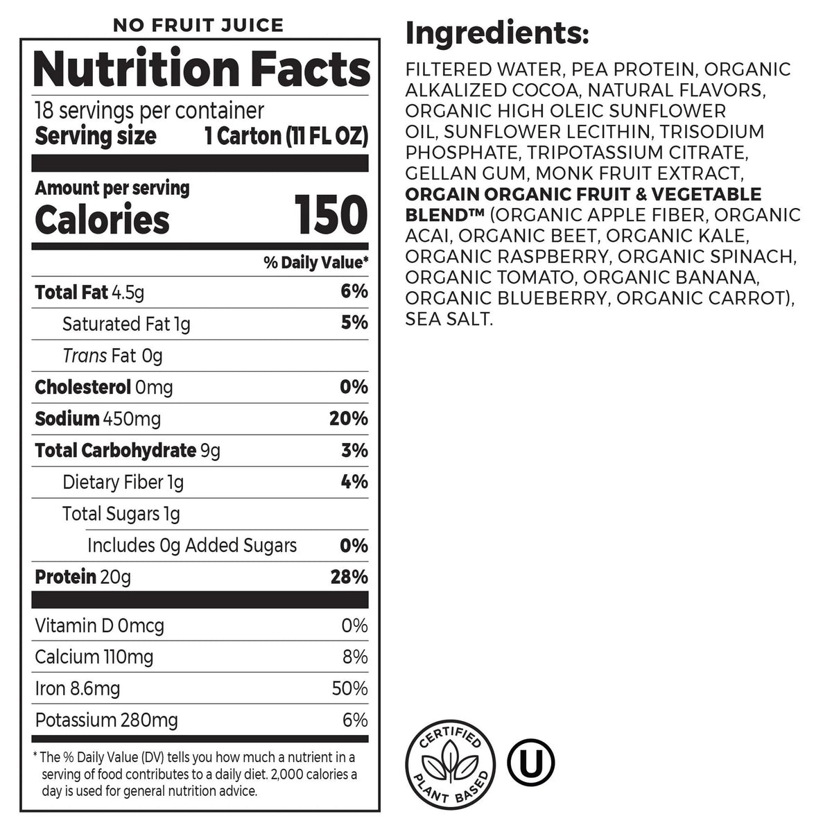 Chocolate Plant-Based Protein Shake 11 fl oz 18-pack L977