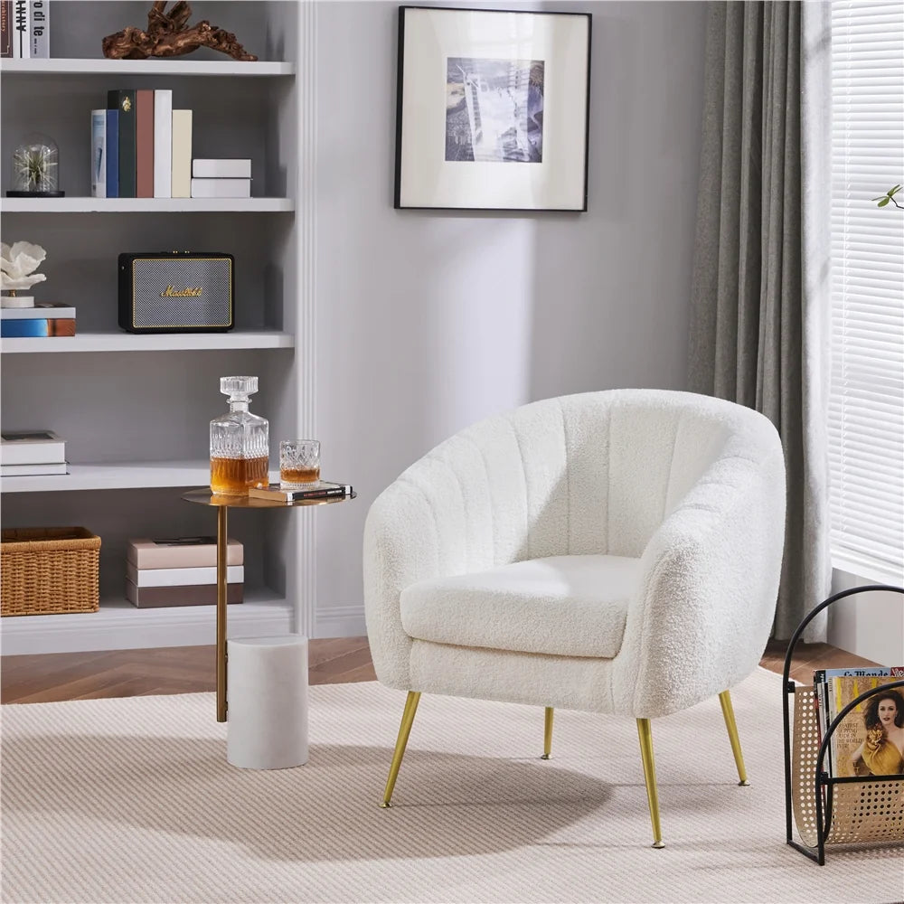 Ivory Tufted Boucle Barrel Accent Armchair with Gold Metal Legs A801713