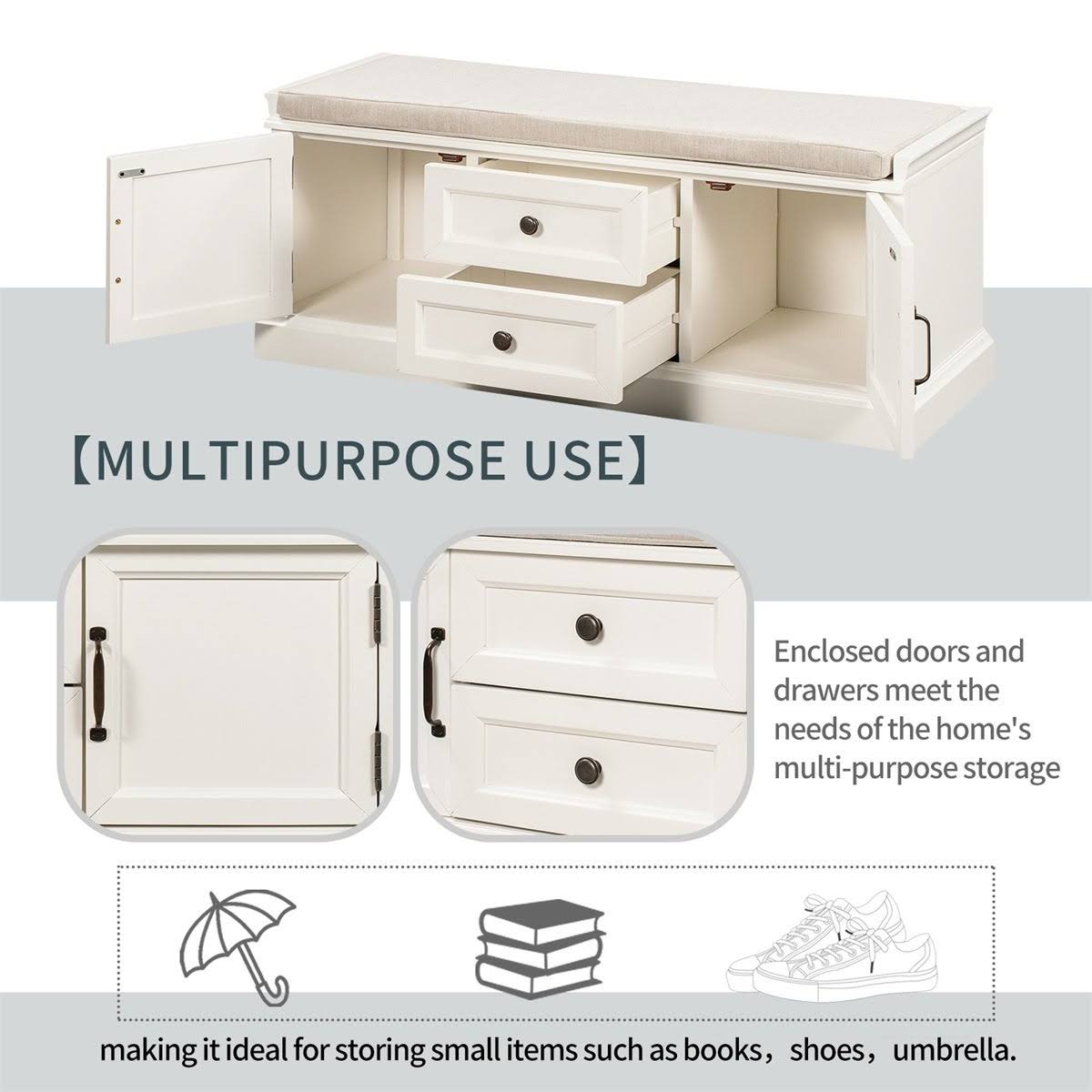 White Storage Bench with 2 Drawers and 2 Cabinets J3556