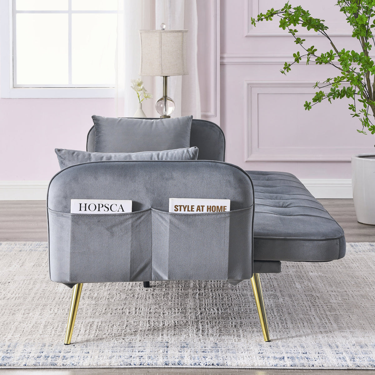 Grey Convertible Velvet Sofa Bed I907885