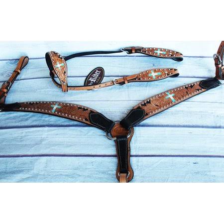 Turquoise Leather Western Bridle Headstall Breastcollar F796