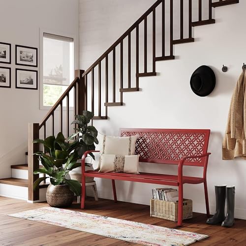 52" Farmhouse Outdoor Bench with Rust Free Metal Frame and Aluminum Backrest Q372
