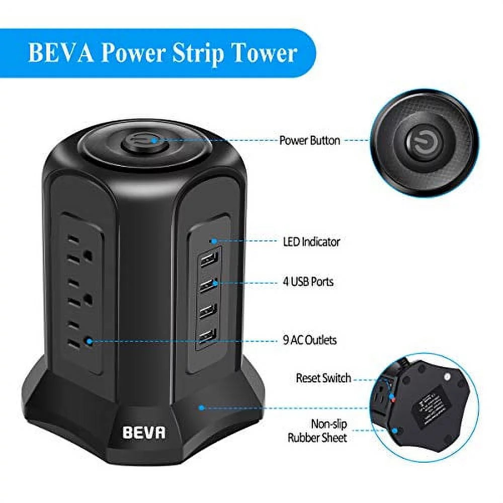 Black Power Strip Tower Surge Protector with 9 AC Outlets 4 USB Ports 6 ft Extension Cord Z298