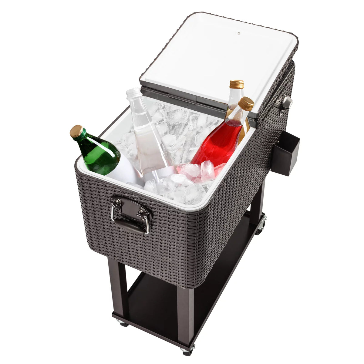 80 Quart Rolling Ice Chest on Wheels, Dark Brown Wicker Beverage Cart A37978