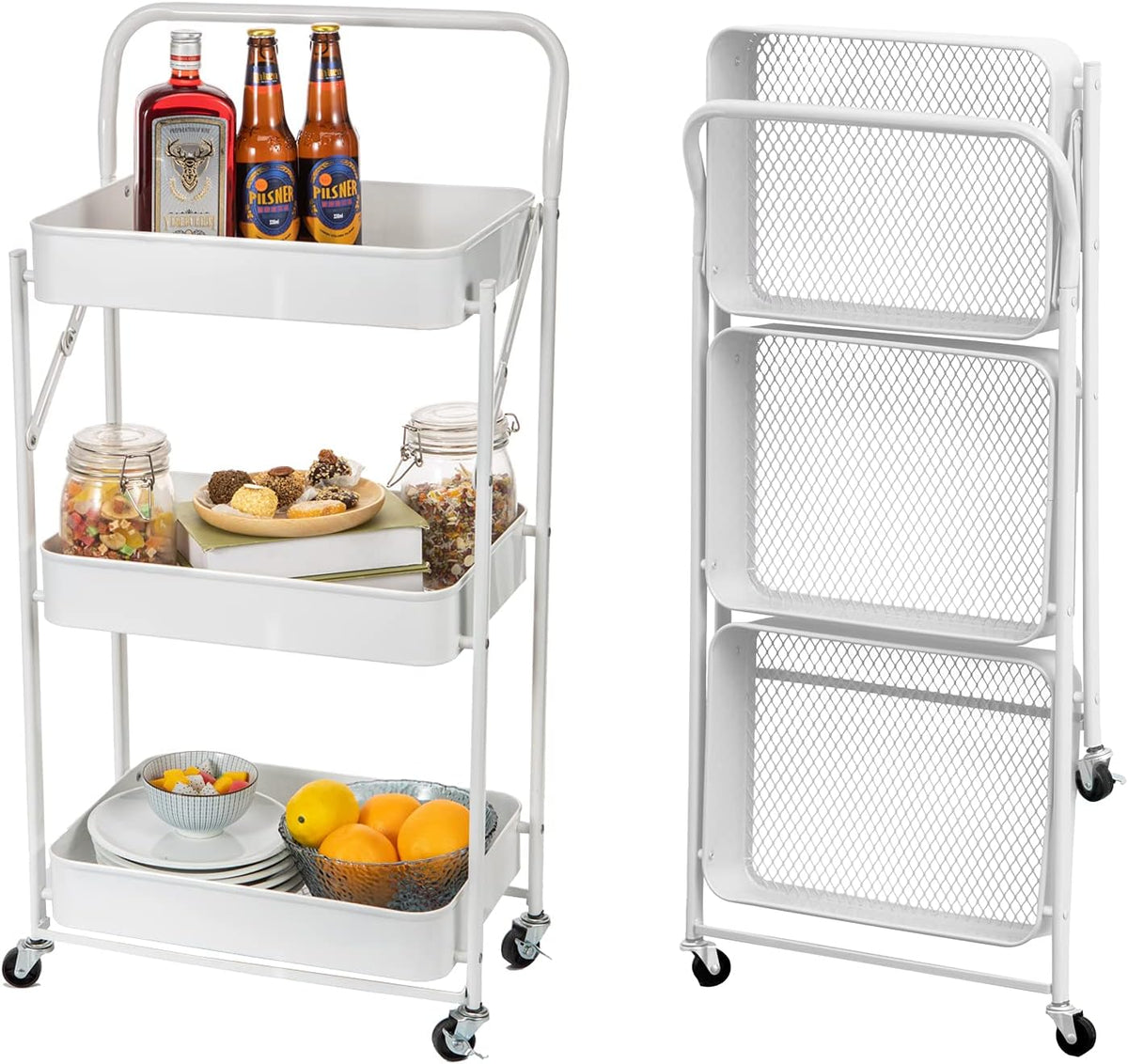 3 Tier Foldable Metal Rolling Cart with Wheels (Pink) S84755