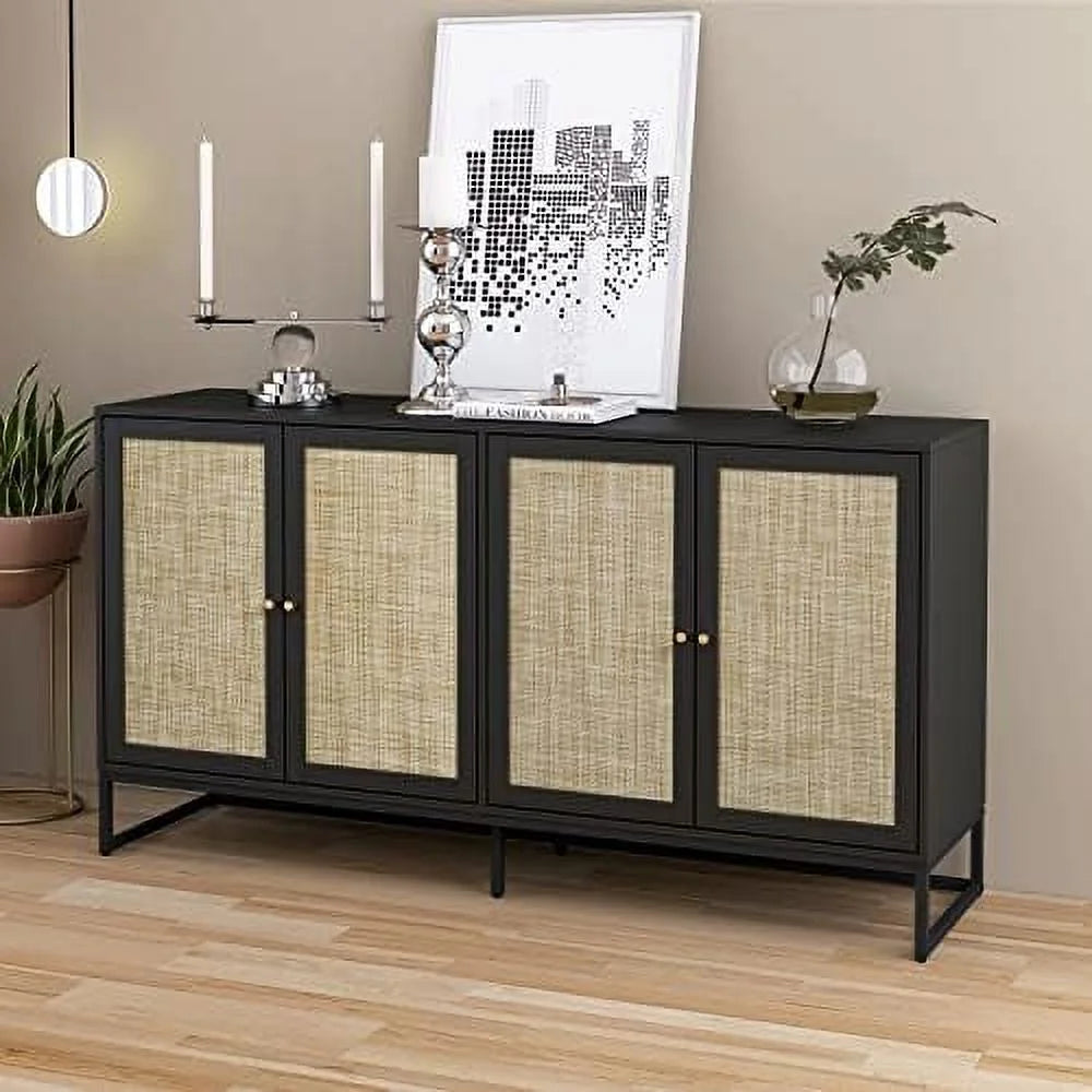 Black Rattan Sideboard Cabinet with Adjustable Shelves F509