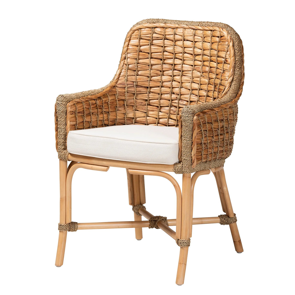 Natural Brown Woven Rattan Dining Arm Chair with Cushion U645